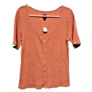 NEW GAP 90s Knit Button Up Scoop Neck Short Tee Burnt Orange Women's Large Tall